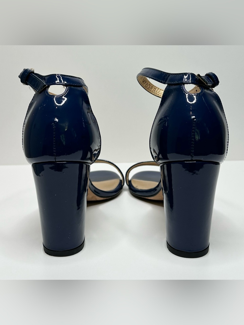 Stuart Weitzman Navy Blue Patent Leather Nudist Curve Heels Shoes Sandal - Picture 6 of 12